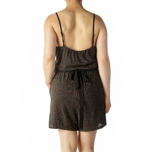 Veronicam Black Gold V-Neck Spaghetti-Strap Textured Belted Romper - Picture 3 of 3